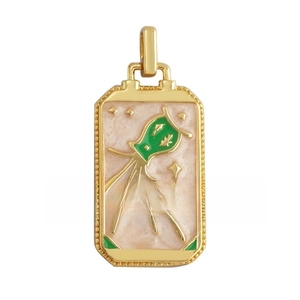 Macro shot of rectangular copper tarot pendant with pink enamel and gold star details
