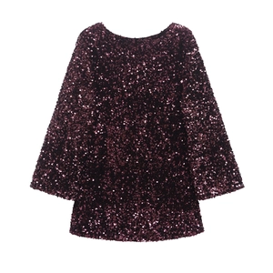Elegant purple sequin bow dress with long sleeves for women, stylish casual evening wear