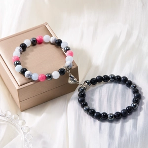Couple bracelets set with natural stone beads and heart shaped magnetic charm in a gift box