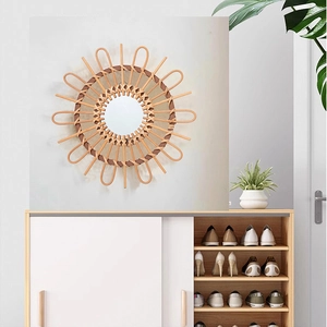 Nordic sunburst rattan wall mirror with natural hand-woven frame for living room decor