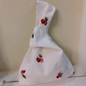Japanese style white cotton wrist bag with cherry embroidery and textured 3D dots