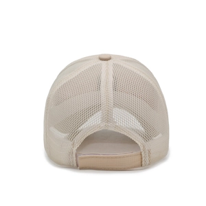 Back view of breathable khaki mesh trucker baseball cap with adjustable velcro strap