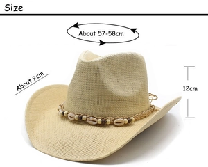 Size guide for straw cowboy hat with shell band showing 58cm head circumference