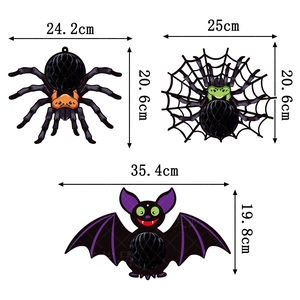 Halloween hanging honeycomb paper decorations featuring spider and bat with dimensions