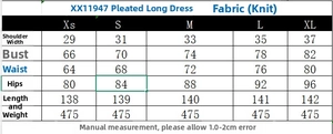 Detailed size chart for the pleated maxi dress showing shoulder and bust measurements
