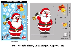 Size chart for Santa Claus and snowflake window stickers with detailed measurements