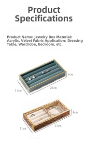 Detailed size view of acrylic jewelry box with green and beige velvet lining, 21x11x4cm