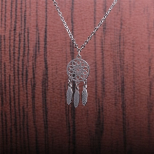 Minimalist silver stainless steel dreamcatcher necklace with three hanging feather pendants