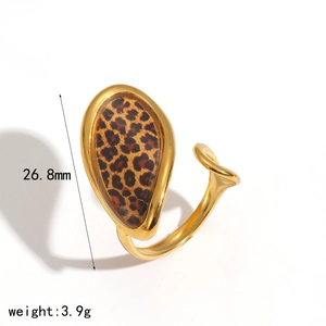 Detail showing 26.8mm height and leopard print texture on golden stainless steel ring
