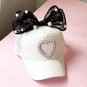 Girls Kids Baseball Cap With Lace Bow Artificial Pearl Rhinestone Heart Mesh Breathable Sun Hat Princess Fashion Children