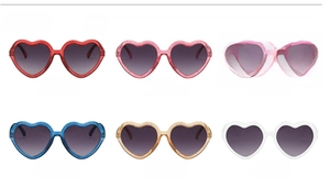 Detailed grid view showing six colors of heart-shaped sunglasses for kids with gradient lenses