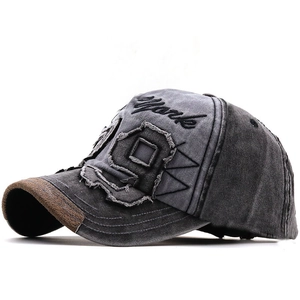 Retro washed charcoal denim baseball cap with York embroidery and distressed peak detail