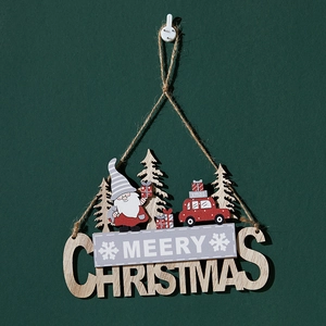Christmas wooden hanging sign featuring Santa and red gift car on dark green background