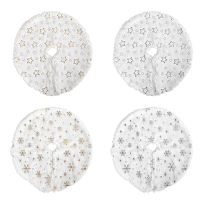 Plush white Christmas tree skirt with metallic gold and silver snowflake and star designs
