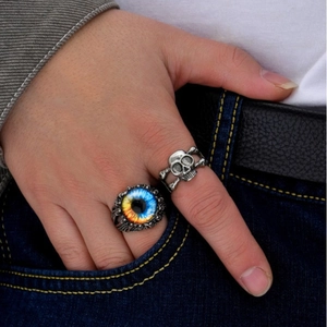 Men's punk style open rings set featuring skull and devil's eye designs in antique silver