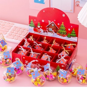 Close-up of Christmas themed crystal ball eraser blind box set with colorful mini shapes