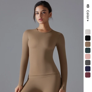 T-Shirt de Yoga à Manches Longues Brossé Double Face pour Femmes Haute Élasticité Respirant Top de Sport Couleur Unie Coupe Ajustée