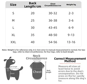 Size chart for pet sweaters showing back length and chest measurements for small dogs