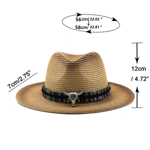 Vintage western straw cowboy hat with bull head emblem and ethnic band measurements