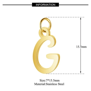 Detail of golden hollow letter G charm in stainless steel with size measurements