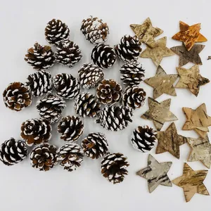 Christmas decor set with snowy pine cones and birch stars for holiday table arrangements
