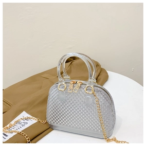 Detail of grey transparent PVC shell bag with gold chain and diamond lattice pattern