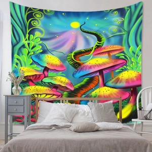 Detail of bohemian mushroom tapestry featuring a psychedelic fluorescent forest design