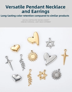 Macro display of assorted stainless steel pendants in gold and silver finishes