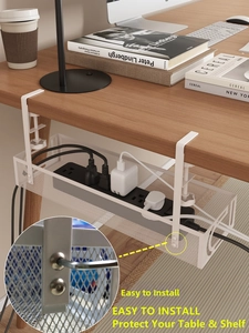 Close-up of white metal wire cable tray showing the easy clamp-on installation detail