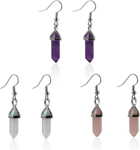 Detailed set of hexagonal crystal prism drop earrings in purple, opal, and pink tones