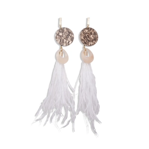 Bohemian white feather drop earrings with pink resin and gold hammered metal details