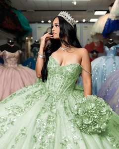 Detail of mint green quinceanera dress with sequin embroidery and sparkling tiara