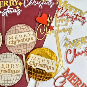 Golden acrylic and wood Merry Christmas cake toppers for festive party decorations
