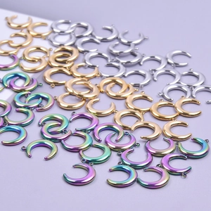 Minimalist crescent moon pendants in gold, silver, and rainbow titanium steel colors