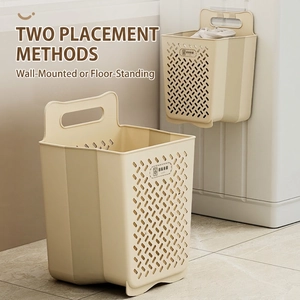 Wall-mounted foldable beige laundry basket in two sizes for bathroom storage and organization