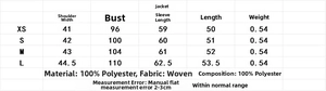 Detailed size chart for women's faux suede jacket with measurements and fabric information