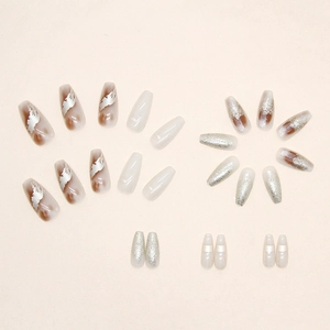 Silver glitter and marble texture ballet press-on nails set with pearl accents