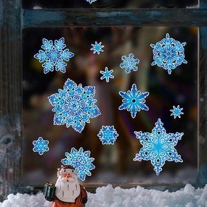 Christmas snowflake window stickers with blue gradient and laser holographic silver finish