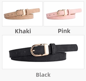 Close-up of matte PU leather skinny belts in khaki, pink, and black with gold buckles