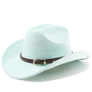 Detail of mint green suede cowboy hat with brown braided leather band and gold buckle