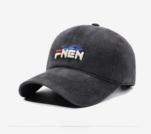Detailed side view of washed cotton baseball cap with 3D embroidery on soft top