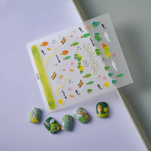 Green forest nature landscape 5D nail stickers with trees and mountains on lilac background