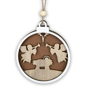 Detailed view of layered wooden Christmas ornament with nativity scene and beads