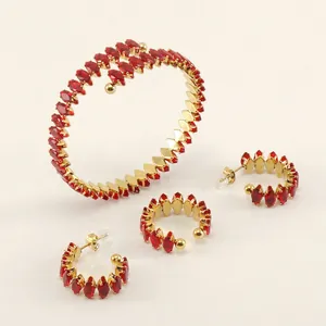 Women Jewelry 18K Gold Plated Stainless Steel Marquise Zircon Adjustable Bracelet Ring Hoop Earrings Elegant Boho Style