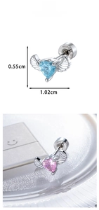 Detail view of heart zircon angel wing cartilage stud with 1.02cm width measurement