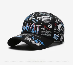 Detail view of cotton baseball cap featuring hip-hop graffiti prints and street symbols