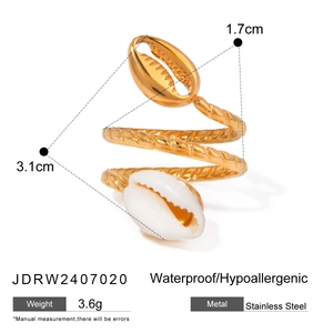 Details des wasserfesten Spiralrings aus Edelstahl mit Maßen und weißem Muschelelement