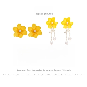 Detail view of yellow lace flower earrings with pearl tassels showing dimensions and weights