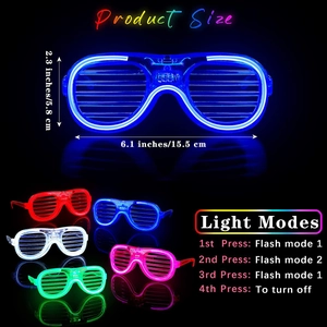 Detailed dimensions and light mode settings for LED shutter glasses in multiple colors