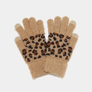 Detail of camel leopard print knit gloves with grey touchscreen-compatible fingertips